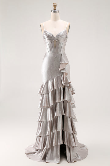 Grey Mermaid Beaded Corset Tiered Pleated Long Prom Dress with Slit